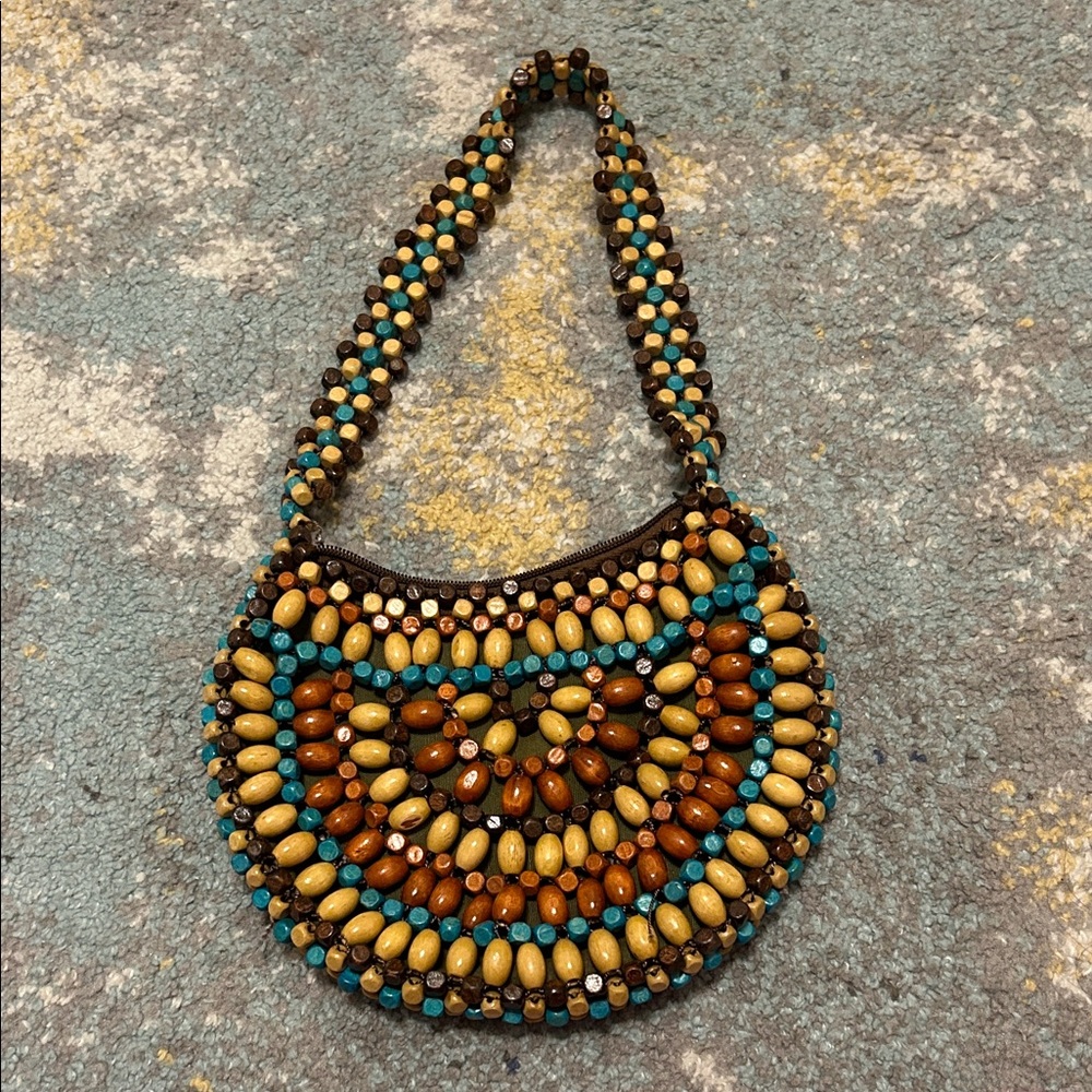 Artisan Beaded Shoulder Bag - Brown and Blue